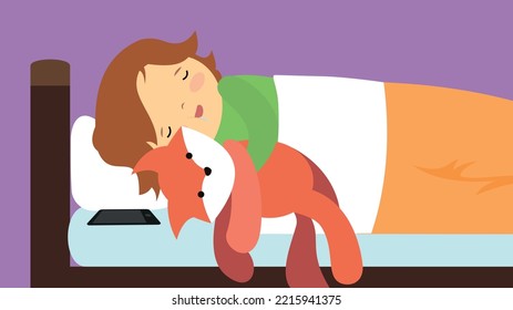 The boy sleeps in a crib hugging a soft toy fox