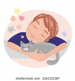 Boy sleeps hugging gray cat. Vector illustration