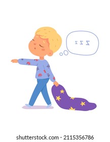 Boy sleepwalker walking in funny pajamas at night vector illustration. Cartoon sleepy kid with somnambulism holding blanket and sleepwalking, walk of lunatic character at nap time isolated on white