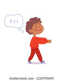 Boy sleepwalker walking in funny pajamas at night vector illustration. Cartoon sleepy kid with somnambulism sleepwalking, walk of lunatic character at nap time isolated on white