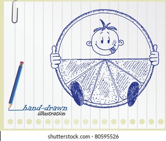 boy and a slice of orange - hand-drawn illustration