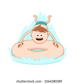 Boy slide down in Water Park with funny face. Vector cartoon character