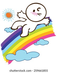 Boy slider on the rainbow in the sky, He is pantomime, Cartoon vector character design cute and funny background white color.