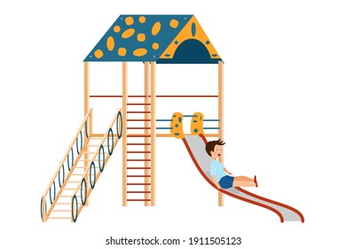 El niño se desliza por el tobogán de los niños. Zona de juegos para niños. Vector de estilo de dibujos animados aislado en blanco.