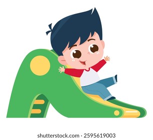 Boy Sliding Down a Playground Slide. This cartoon image depicts a young boy joyfully sliding down a green playground slide