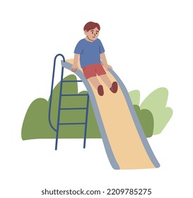 Boy sliding down the slide. Activity on the playground. Happy kid playing. Flat vector illustration.