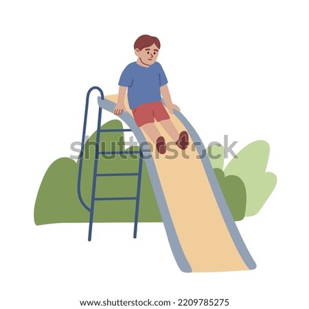 Boy sliding down the slide. Activity on the playground. Happy kid playing. Flat vector illustration.