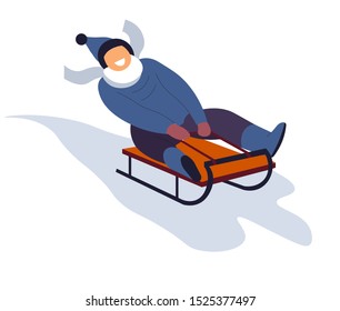 Boy sliding on red sled, sledge down hill. Kid laughing in blue outer wear, beanie hat, mittens and warm scarf. Winter holidays vacation activity. Isolated vector illustration, white background.