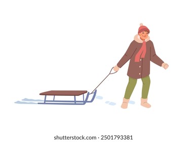 Boy sliding in sledge, winter fun activity on Christmas holiday. Young boy riding sleds on slope covered with snow in cold snowy weather, having fun in frost. Flat cartoon vector illustration