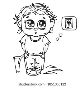 Boy with a slingshot. Hand drawing. The mischievous man broke the window. Outline. Funny picture. The object is isolated on a white background. Vector.