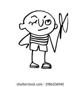 A boy with a slingshot. The little bully. Hand-drawn funny character. Sketch. Vector doodle illustration