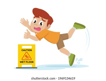 Boy slipped on a wet surface.