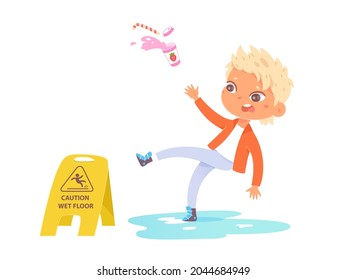 Boy slipping on clean slippery floor vector illustration. Cartoon little character stumbling, falling down in public area with puddle of water, caution wet floor accident sign isolated on white