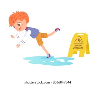 Boy slipping on clean slippery floor vector illustration. Cartoon little character stumbling, falling down in public area with puddle of water, caution wet floor accident sign isolated on white