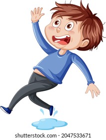 Boy slipping on wet floor on white background illustration