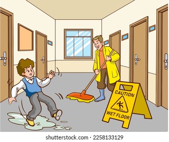 boy slipping on wet floor cartoon vector 