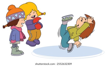 Boy slips skates girls laugh. Illustration concept template for website, web landing page, banner, presentation, social, poster, promotion or print media.