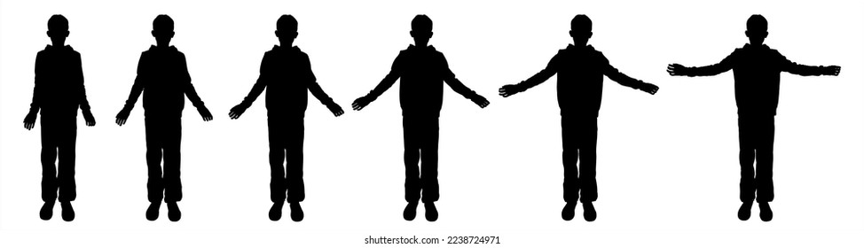 The boy slowly raises or lowers his hands. Sport. A teenager with both hands held high. The joy of a boy. Physical exercises. Front view, full face. Six black teenage silhouettes isolated on white	