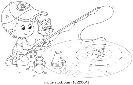 Boy with a small kitten fishing