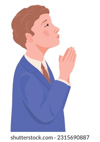 A boy in a smart suit for the first communion. Vector. The child is ready to receive the sacrament of the Eucharist. A young Catholic prays before the sacred sacrament of communion.