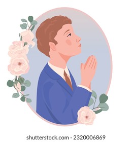 A boy in a smart suit for the first communion. Vector. The child is ready to receive the sacrament of the Eucharist. A young Catholic prays before the sacred sacrament of communion.