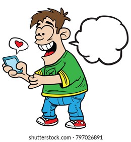 boy with a smartphone and speech bubble cartoon illustration isolated on white