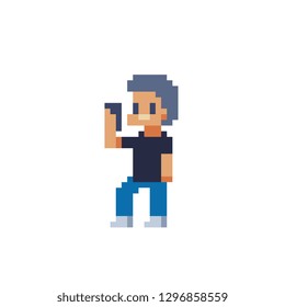 Boy with smartphone teenager and student pixel art character. Young man holding phone. Isolated vector illustration.
