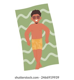 Boy Smiles As He Relaxes On A Beach Towel, Enjoying A Sunny Day. Dressed In Swim Trunks And Sunglasses, Kid Embodies The Carefree Joy Of A Beach Vacation. Concept Of Summer, Relaxation And Childhood