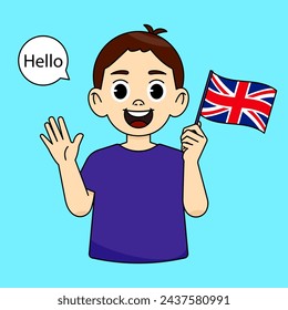 The boy smiles, holding the flag of England, shows his palm and says Hello. Language learning concept