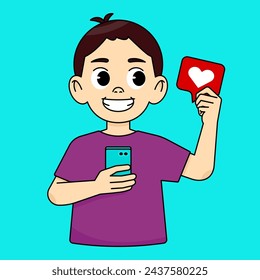 El niño sonríe, mira a la derecha al icono de like y sostiene el teléfono. Icono rojo y corazón blanco. Como