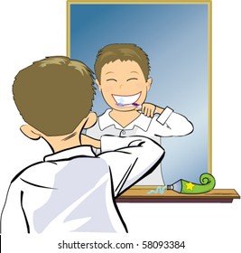 Boy smiles at mirror when brushing teeth