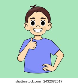 The boy smiles and shows his thumb up approvingly and recommends something good
