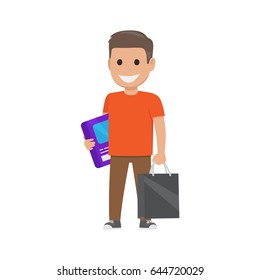 Boy smiles and stands with box and bag on white background. Family shopping day. Cartoon boy has fun during shopping. Shopping-themed isolated vector illustration of male character with purchases.