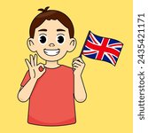 The boy smiles while holding the England flag and his other hand shows an OK gesture. Language learning concept