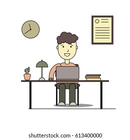 Boy smiling and doing homework with laptop. Back to school flat illustration of young people who study in university or high school isolated on white