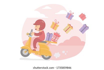 The boy is smiling and driving the scooter with a gift box. Many boxes, many colorsVector illustrator.Party invitation card.Birthday party set cartoon.