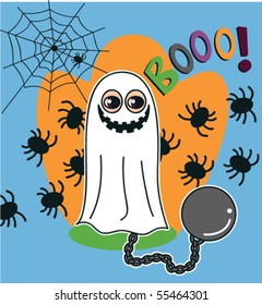 Boy with smiling ghost and chain costume and spiders in the background on halloween