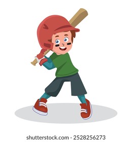 boy smiling holding a baseball bat, vector illustration.