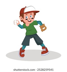 boy smiling holding a baseball and wearing glove, vector illustration.