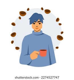 niño sonriendo y sosteniendo una taza de café o té para calidez en suéter cómodo. círculo simple con fondo de granos de café. ilustración vectorial para sitio web, afiche y banner