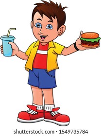 boy smiling holding drink and big hamburger