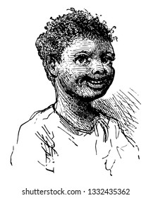 Boy Smiling like a portrait in this picture, vintage line drawing or engraving illustration.