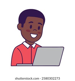 A boy smiling on a laptop representing learing and study