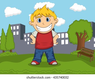 A boy smiling in the park with city background cartoon vector illustration