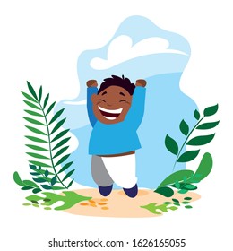boy smiling and playing outdoors vector illustration design