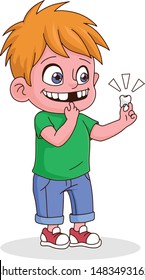 Boy smiling and showing his fallen tooth