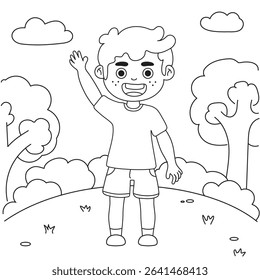 A boy is smiling and waving in a coloring book style illustration, standing outdoors in a meadow with trees, bushes and clouds in the background.

