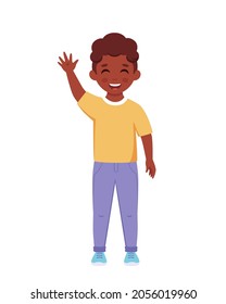 Boy smiling and waving hand. Elementary school student. Vector illustration