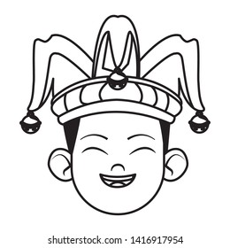 boy smiling and wearing jester hat with jingle bells avatar cartoon character black and white vector illustration graphic design