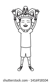 boy smiling and wearing jester hat with jingle bells avatar cartoon character black and white vector illustration graphic design